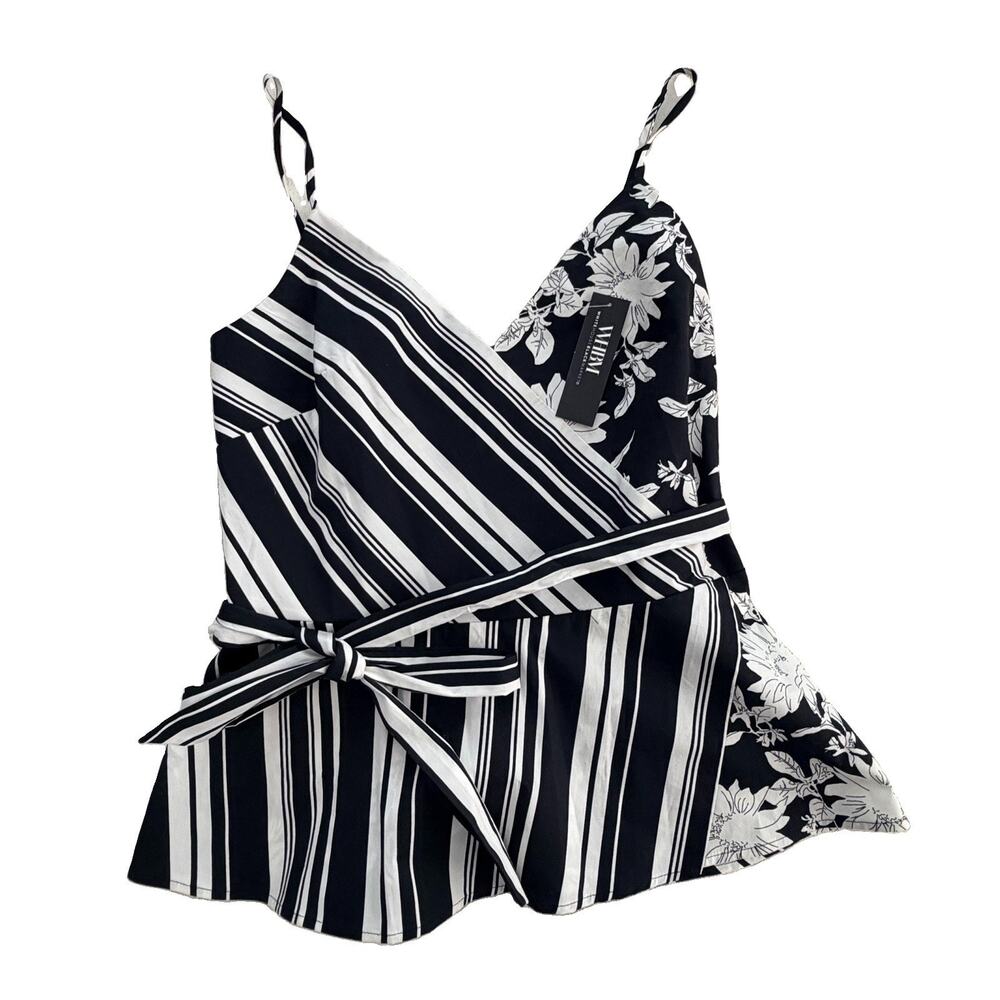 New WHBM SL Mixed Print Surplice Black White Sunny Stripe Blouse Tank 6 NWT